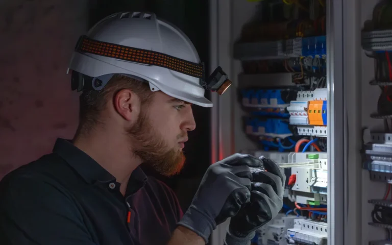 a-male-electrician-works-in-a-switchboard-in-overa